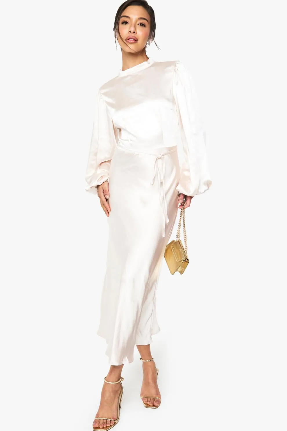 Satin High Neck Balloon Sleeve Midi Dress | Nasty Gal