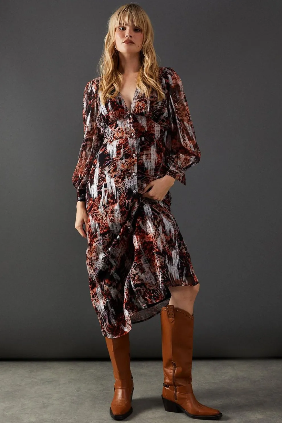 Metallic Jacquard Plunge Neck Button Through Midi Dress | Nasty Gal