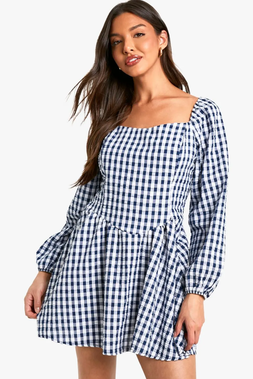 Gingham Long Sleeve Mini Dress | Nasty Gal