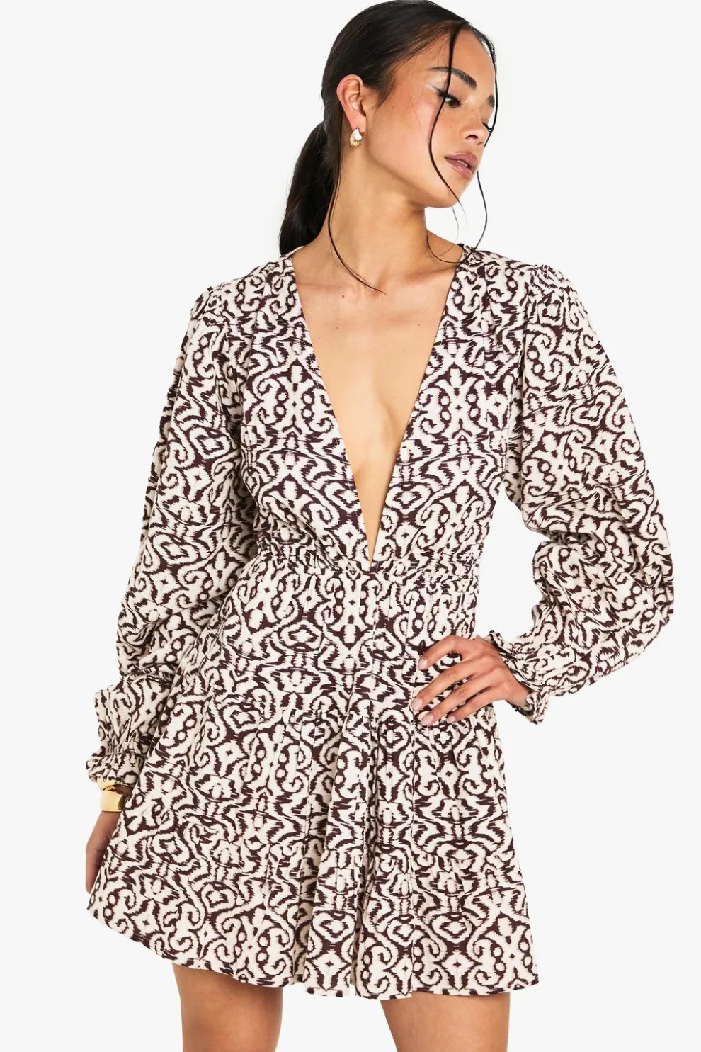 Printed Linen Look Plunge Long Sleeve Mini Dress | Nasty Gal