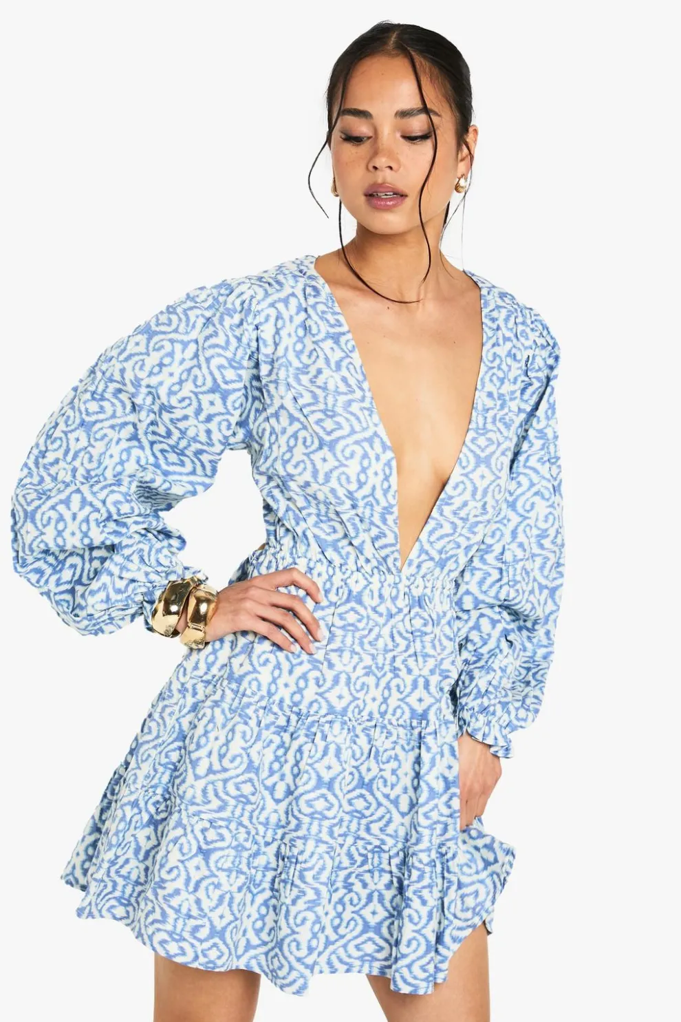 Printed Linen Look Plunge Long Sleeve Mini Dress | Nasty Gal