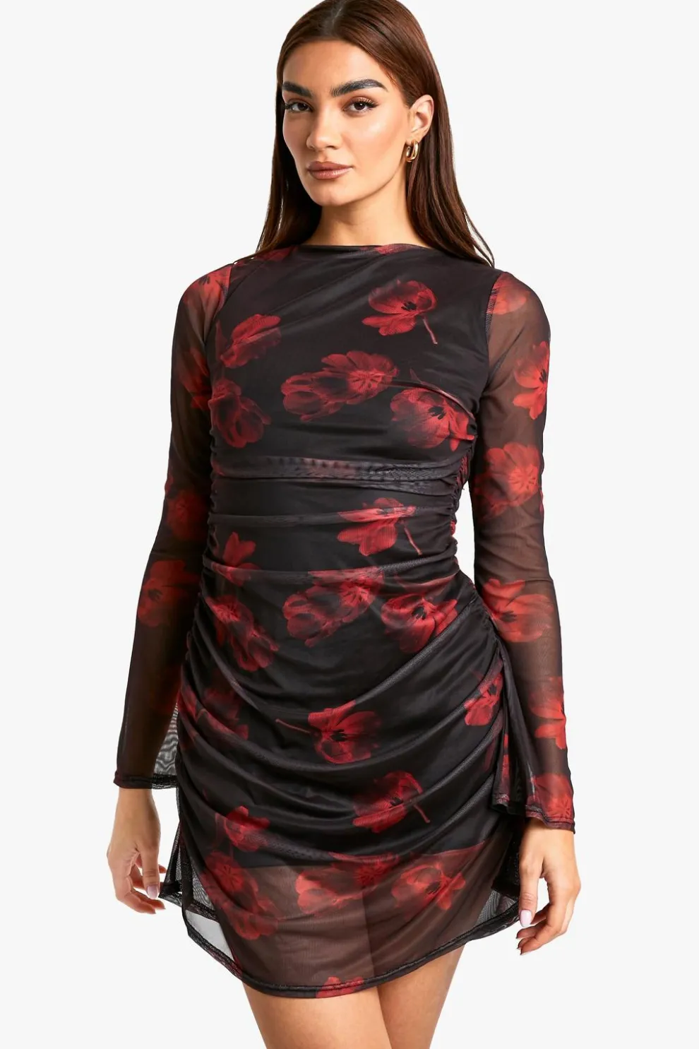 Floral Mesh Ruched Mini Dress | Nasty Gal