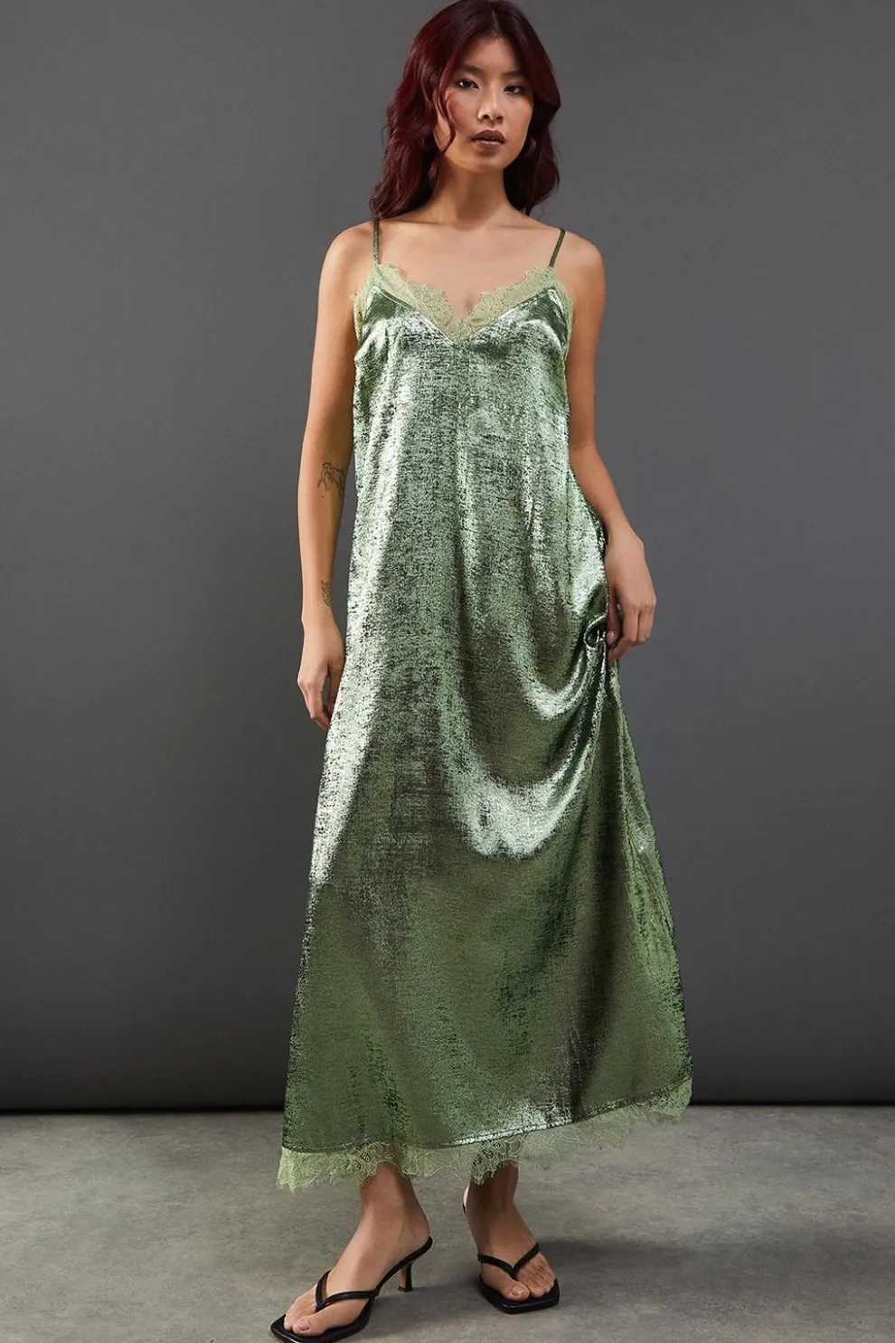 Metallic Lame Strappy Lace Insert Slip Midi Dress | Nasty Gal