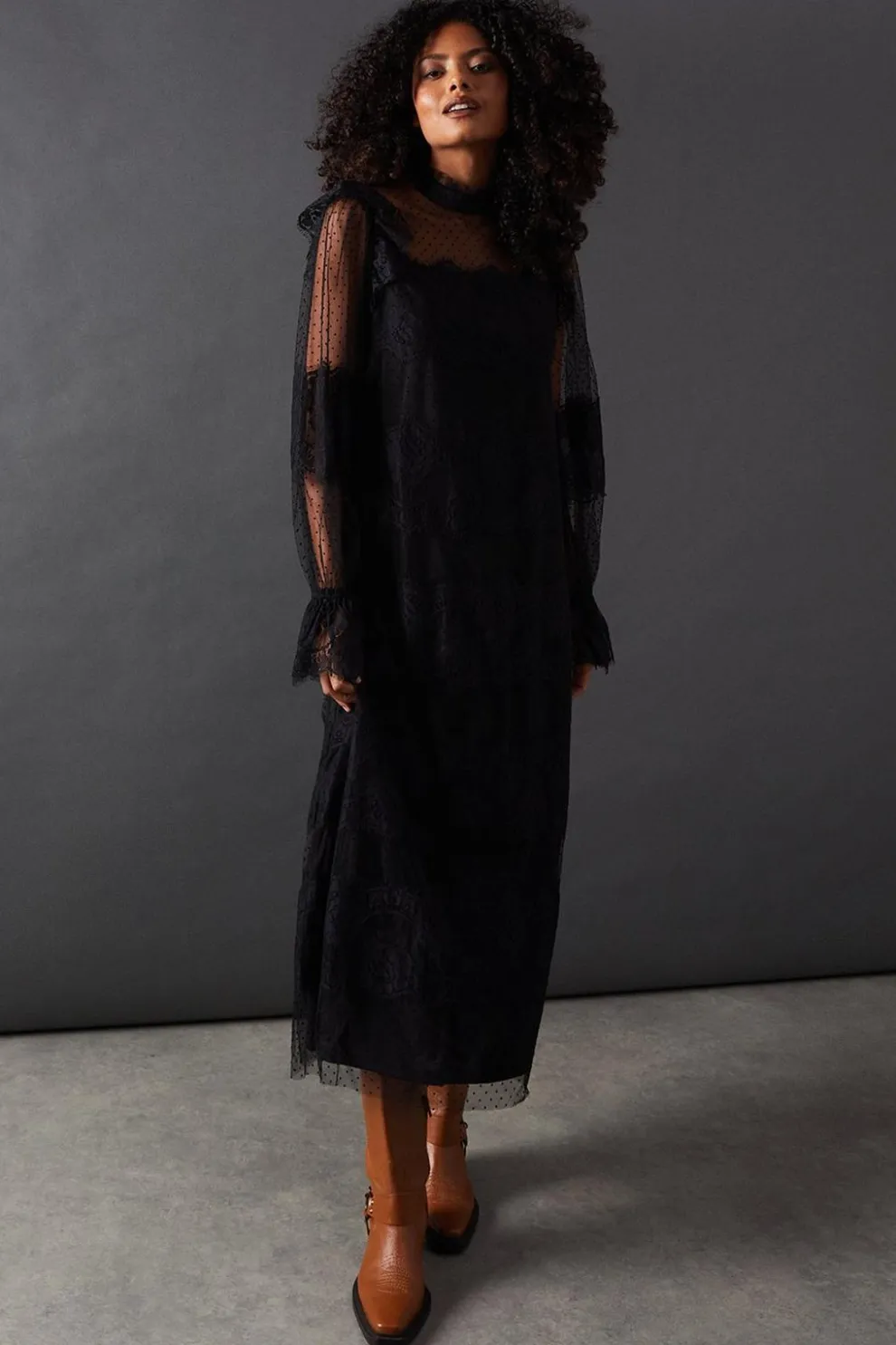 Lace Dobby Ruffle Neck Midi Smock Dress | Nasty Gal