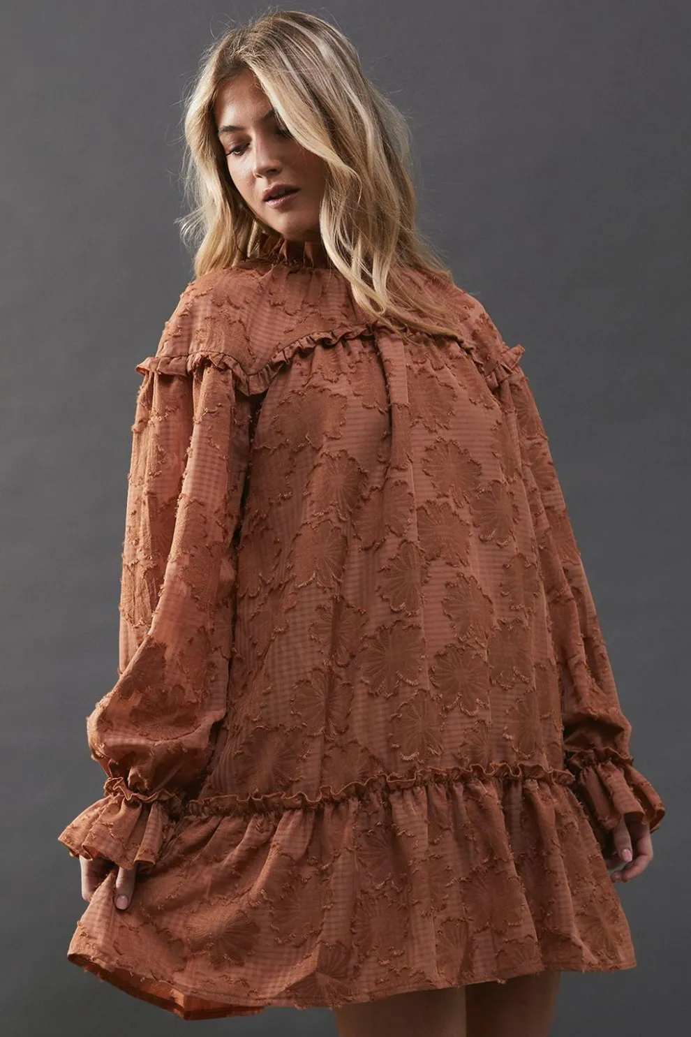 Floral Jacquard Ruffle Neck Mini Smock Dress | Nasty Gal