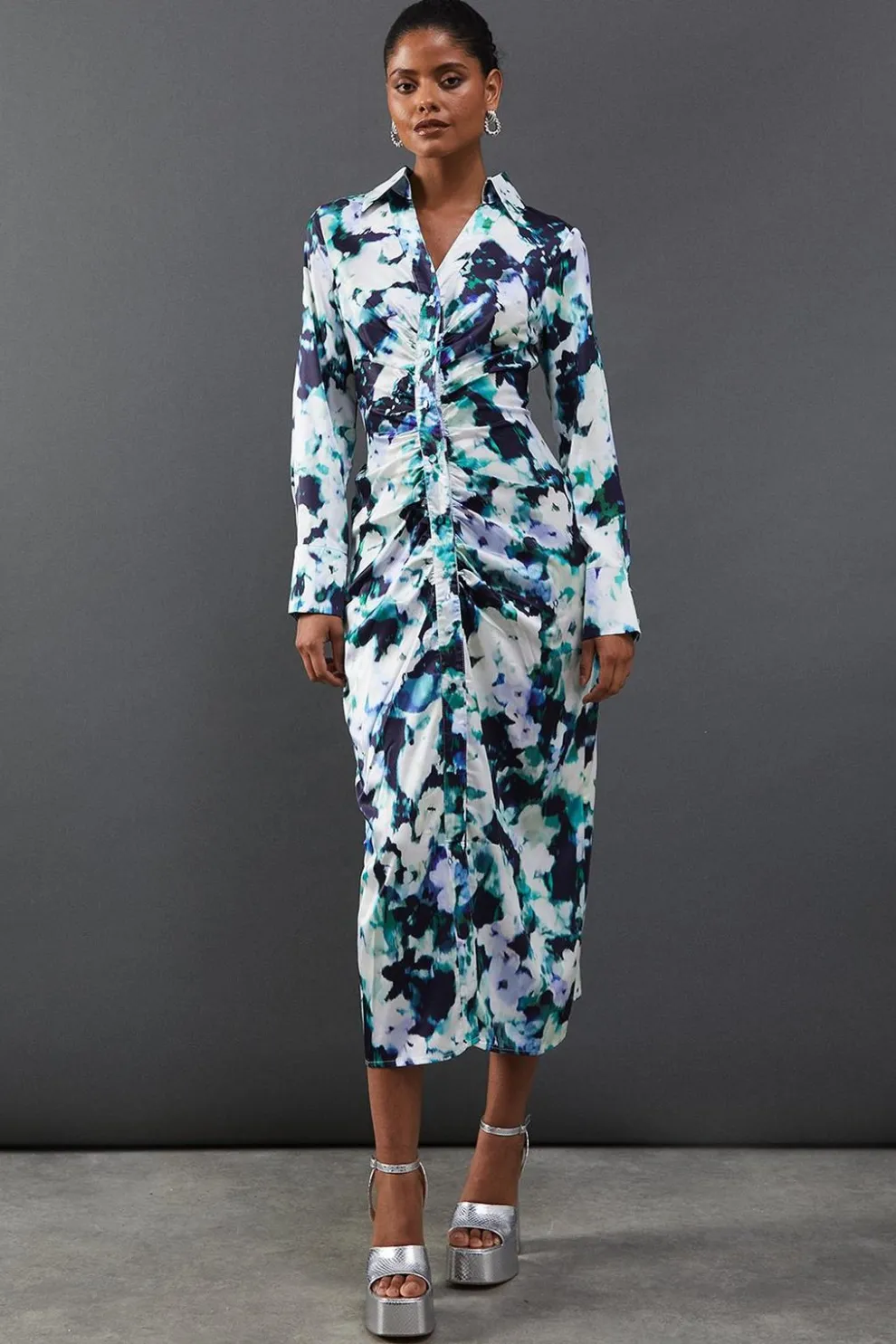Floral Satin Ruched Front Midi Shirt Dress | Nasty Gal