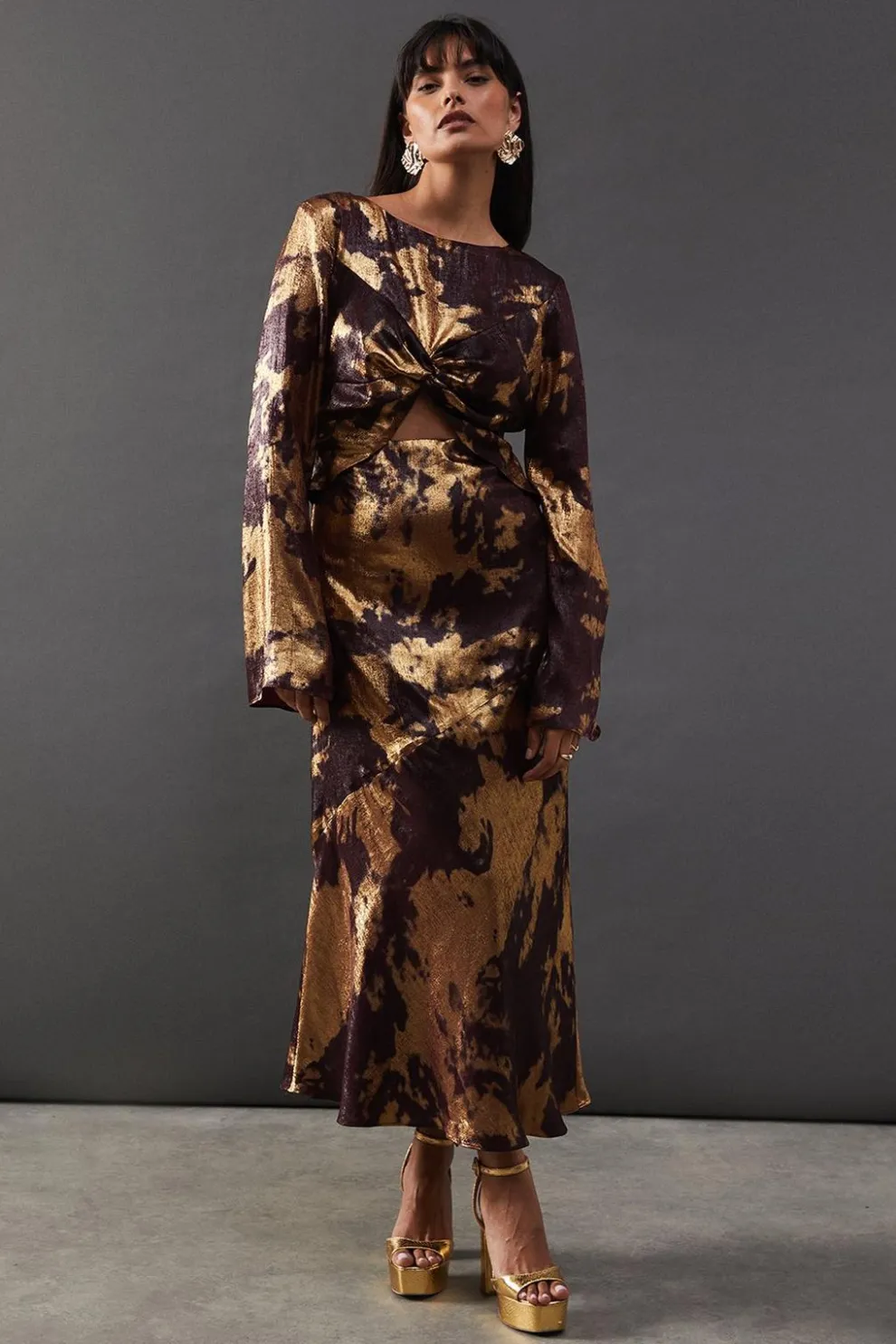 Metallic Marble Twist Front Bias Midi Dress | Nasty Gal