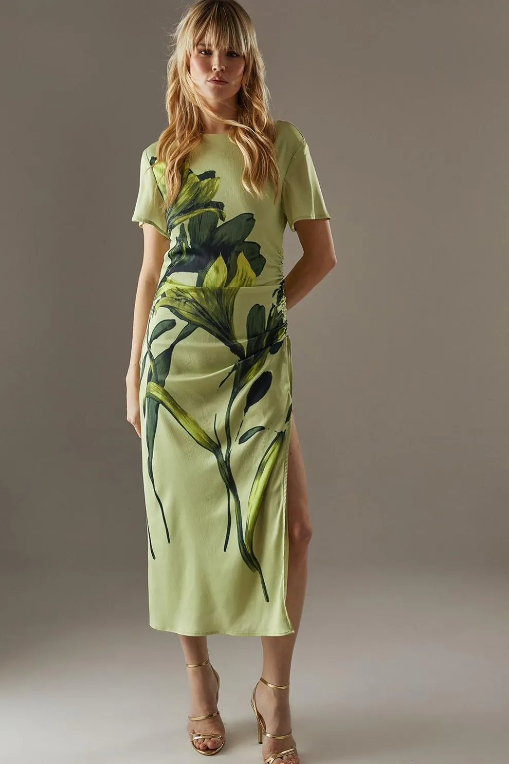 Placement Print Crinkle Satin Ruched Midi Dress | Nasty Gal