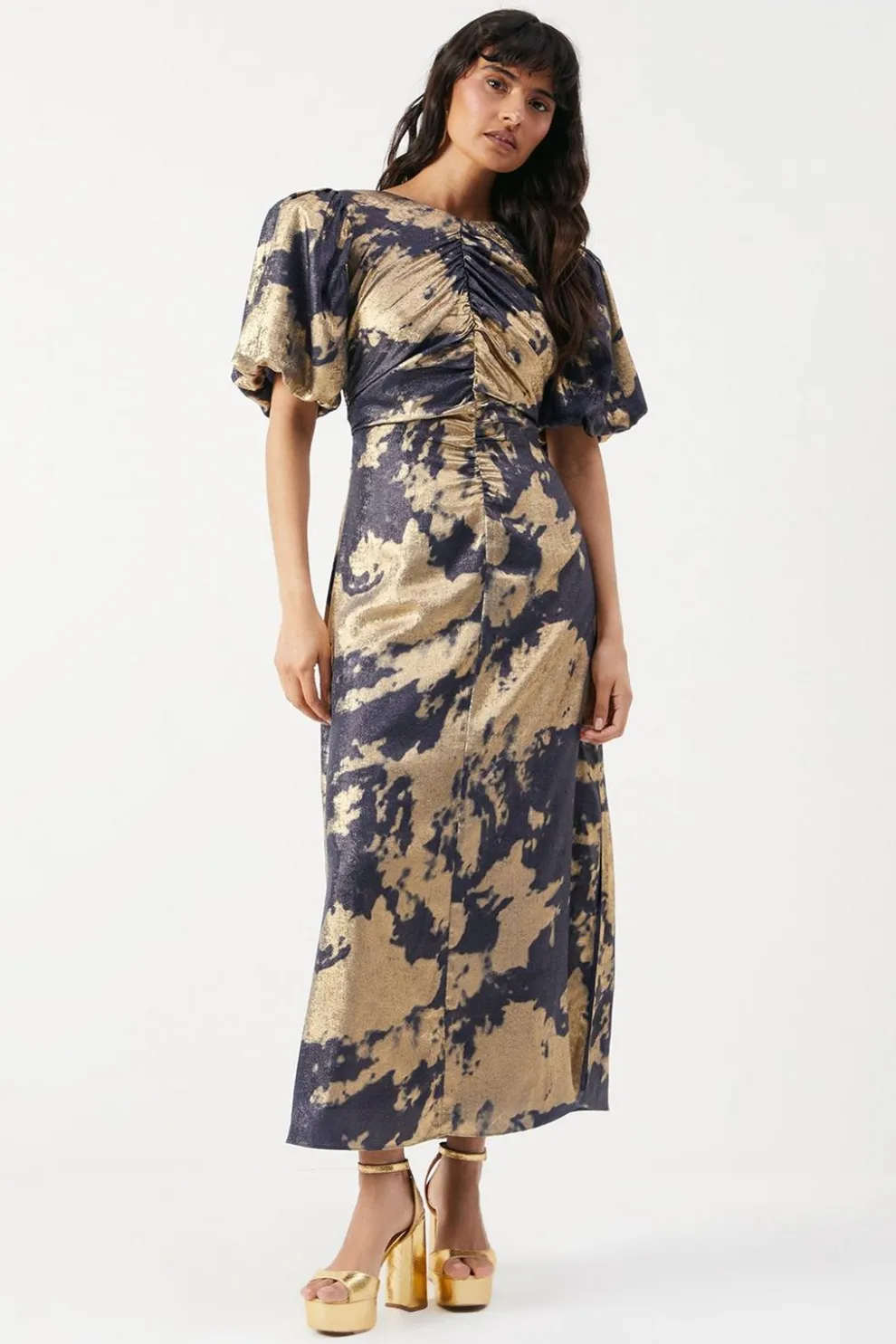 Metallic Satin Ruched Front Puff Sleeve Midi Dress | Nasty Gal
