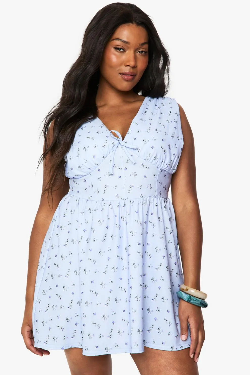 PLUS ditsy TIE DETAIL PLUNGE CORSET SKATER DRESS | Nasty Gal