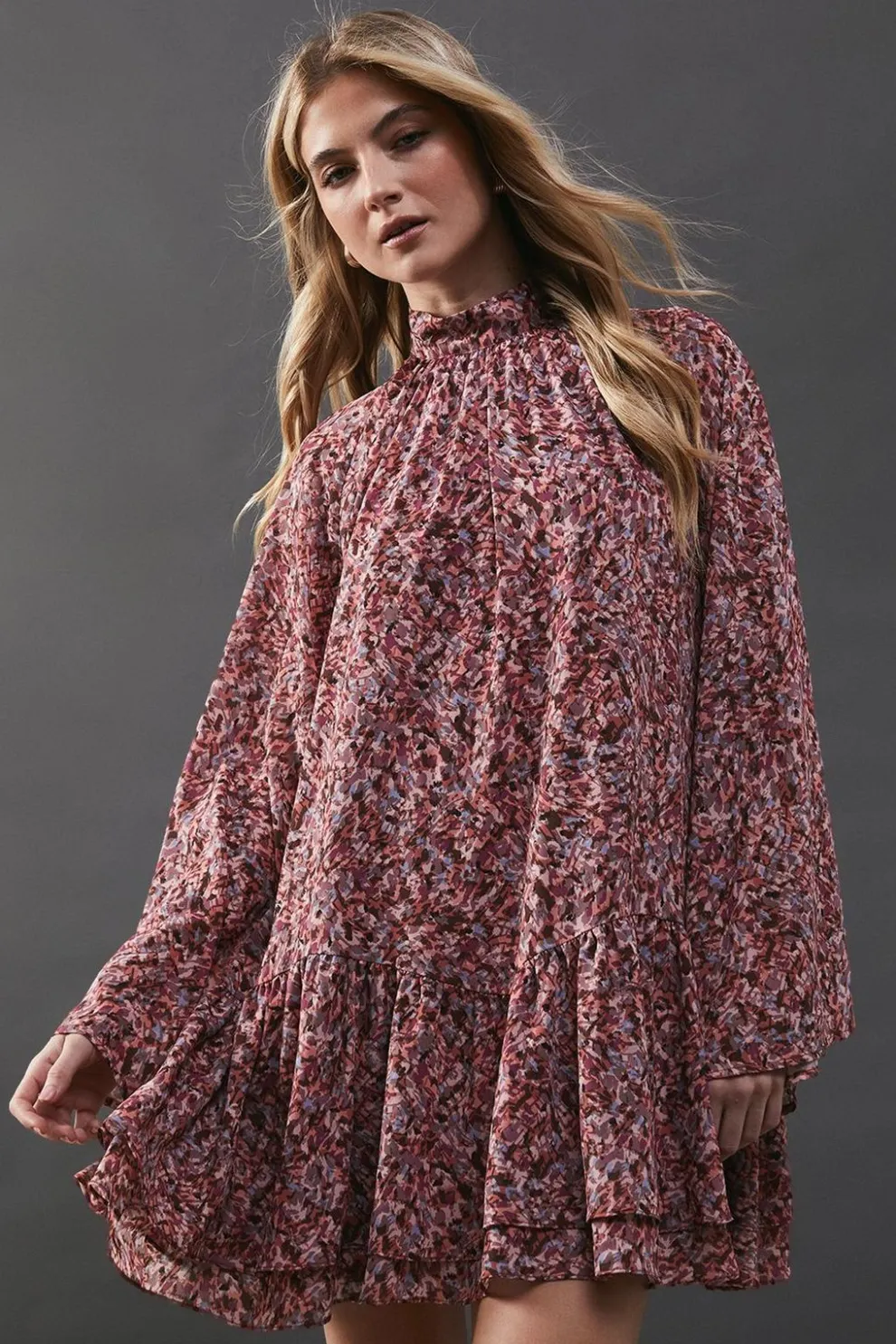Printed Chiffon Drop Hem High Neck Flare Sleeve Mini Swing Dress | Nasty Gal
