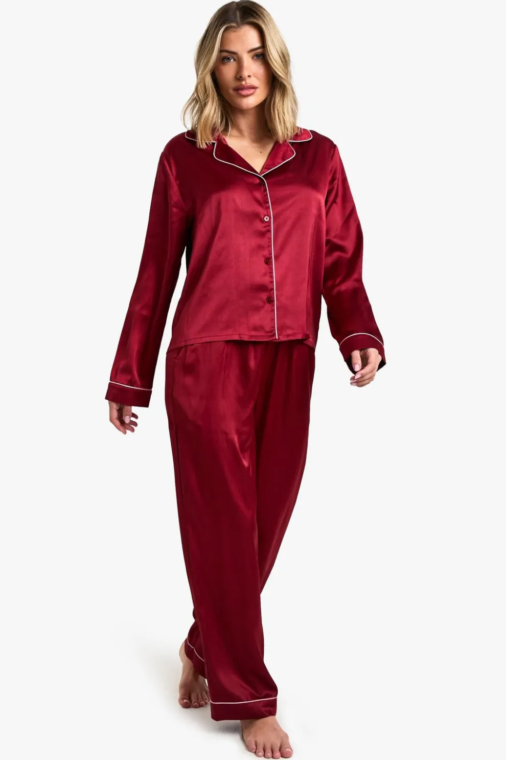 Petite Satin Piping Detail Long Sleeve Shirt & Trousers Pyjama Set | Nasty Gal