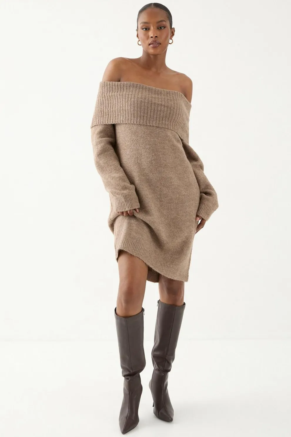 Premium Knit Bardot Foldover Jumper Dress | Nasty Gal