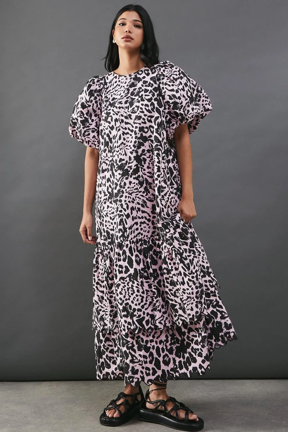 Poplin Leopard Print Volume Sleeve Scallop Detail Smock Dress | Nasty Gal