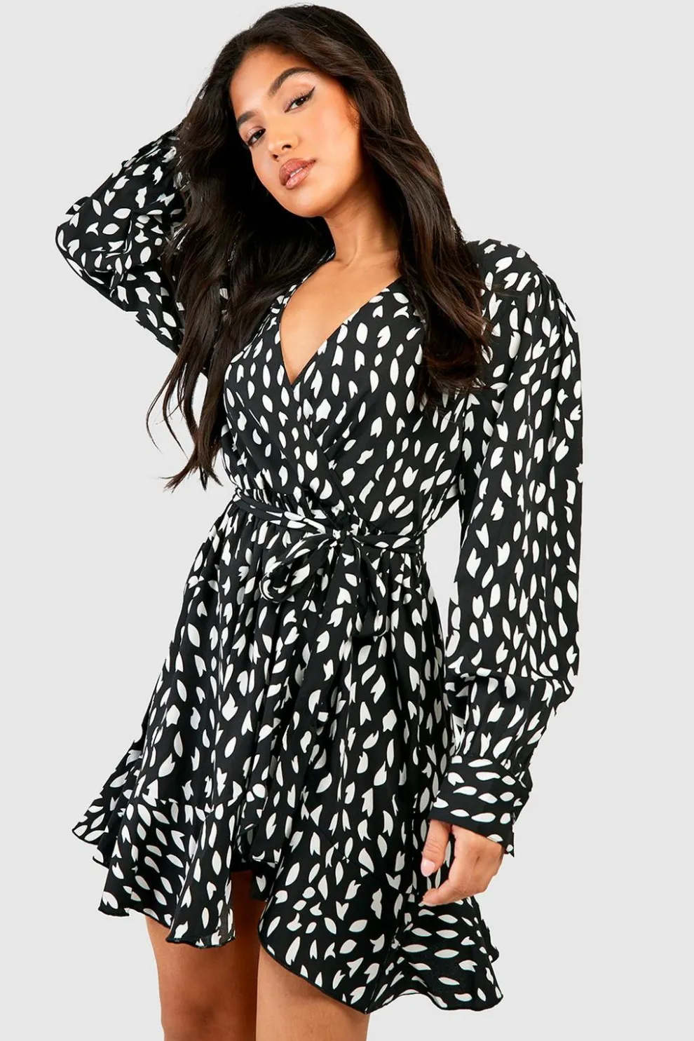 Petite Smudge Print Ruffle Woven Wrap Dress | Nasty Gal