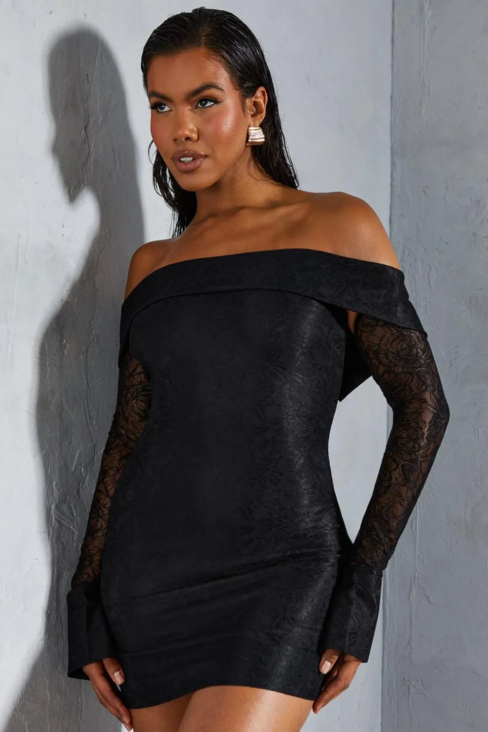 Lace Bardot Cuff Detail Bodycon Mini Dress | Nasty Gal