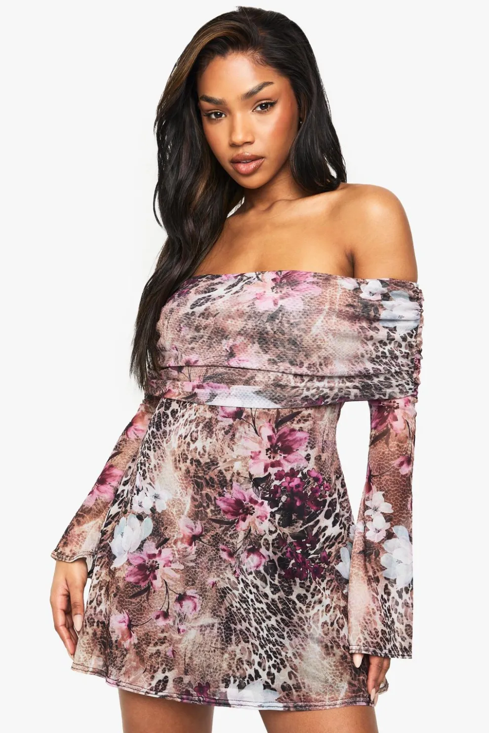 Printed Mesh Deep Bardot Mini Dress | Nasty Gal