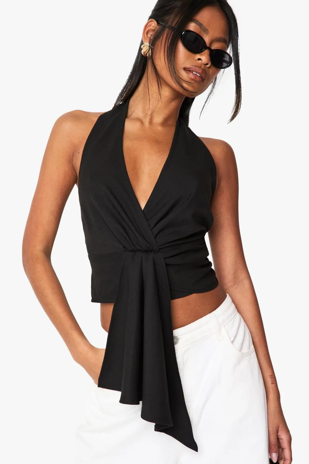 Linen Halter Neck Knot Front Top | Nasty Gal