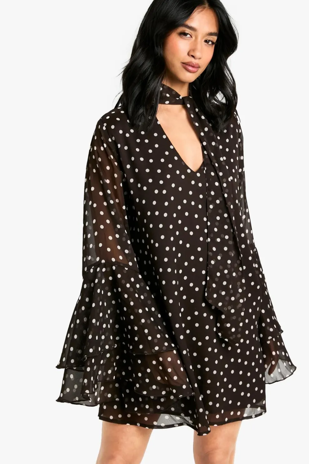 Petite Polkadot Flare Sleeve Chiffon Smock Dress | Nasty Gal