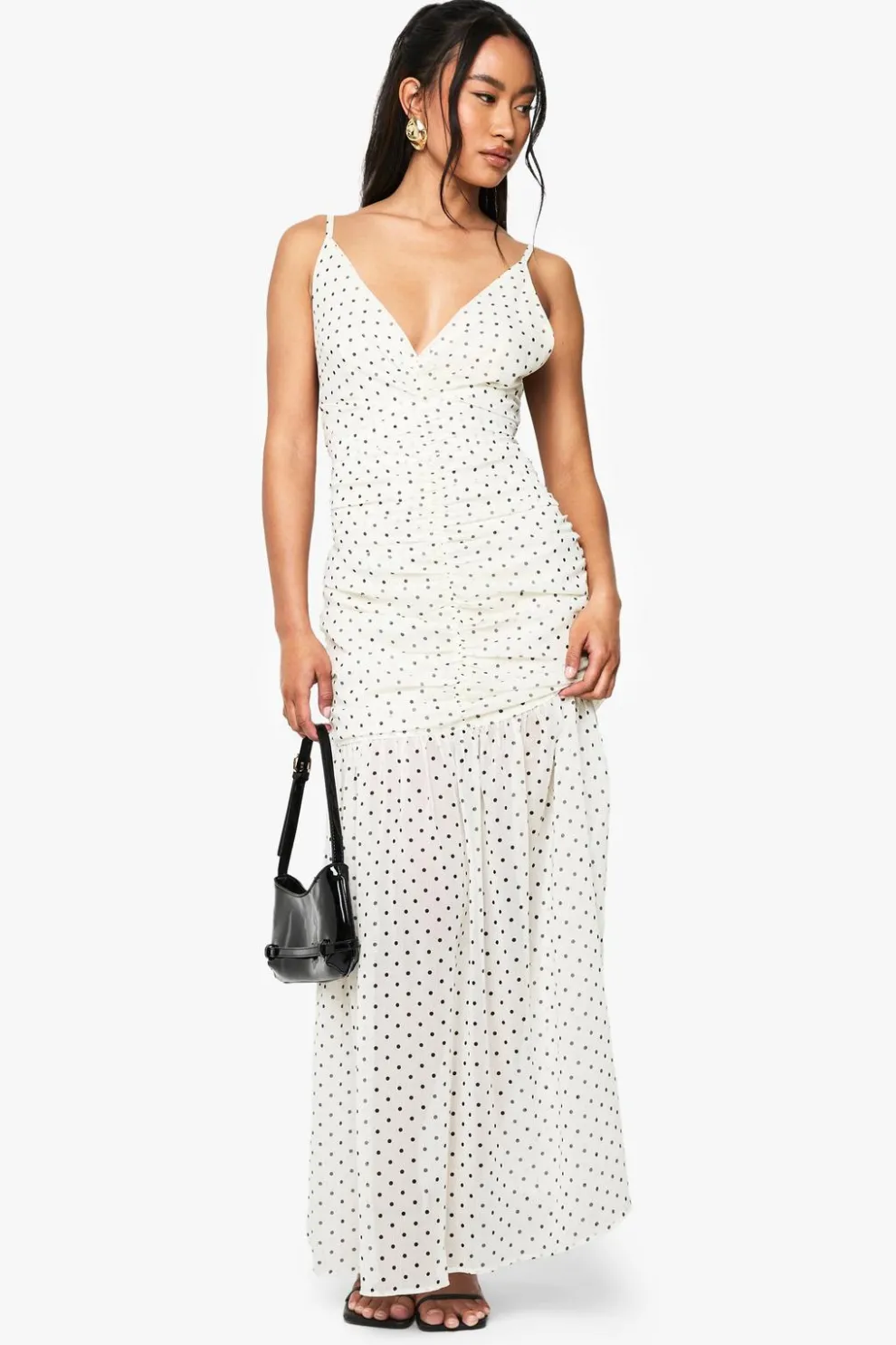 Polka Dot Ruched Plunge Maxi Dress | Nasty Gal